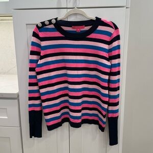 Lilly Pulitzer Morgan pink blue striped sweater jewel rhinestone shoulder size S
